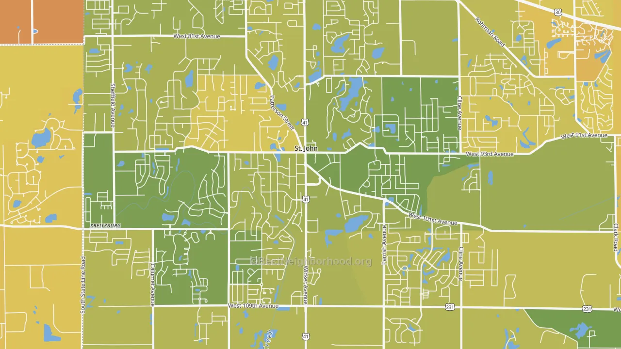 Map of the best neighborhoods in the 46373 area, with better matches in green and worse matches in red