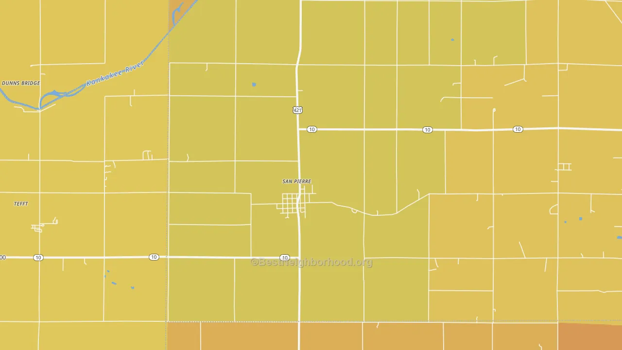 Map of the best neighborhoods in the 46374 area, with better matches in green and worse matches in red