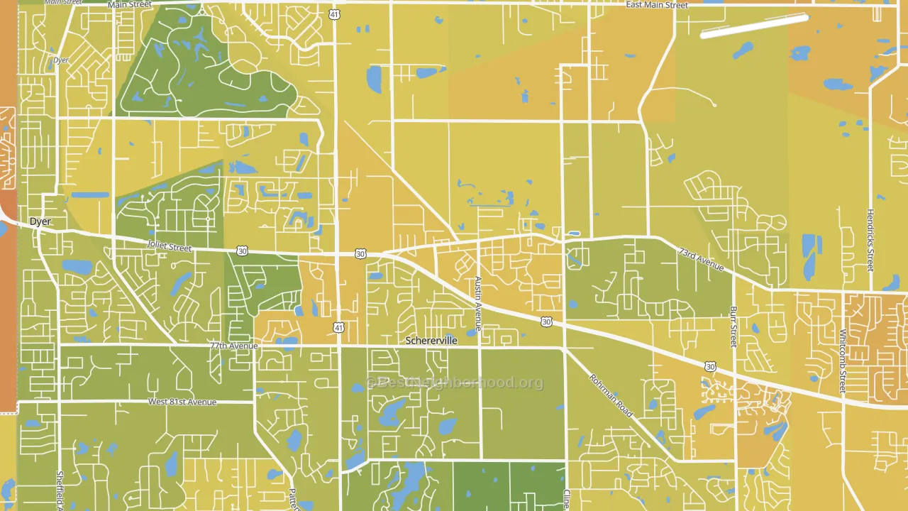Map of the best neighborhoods in the 46375 area, with better matches in green and worse matches in red
