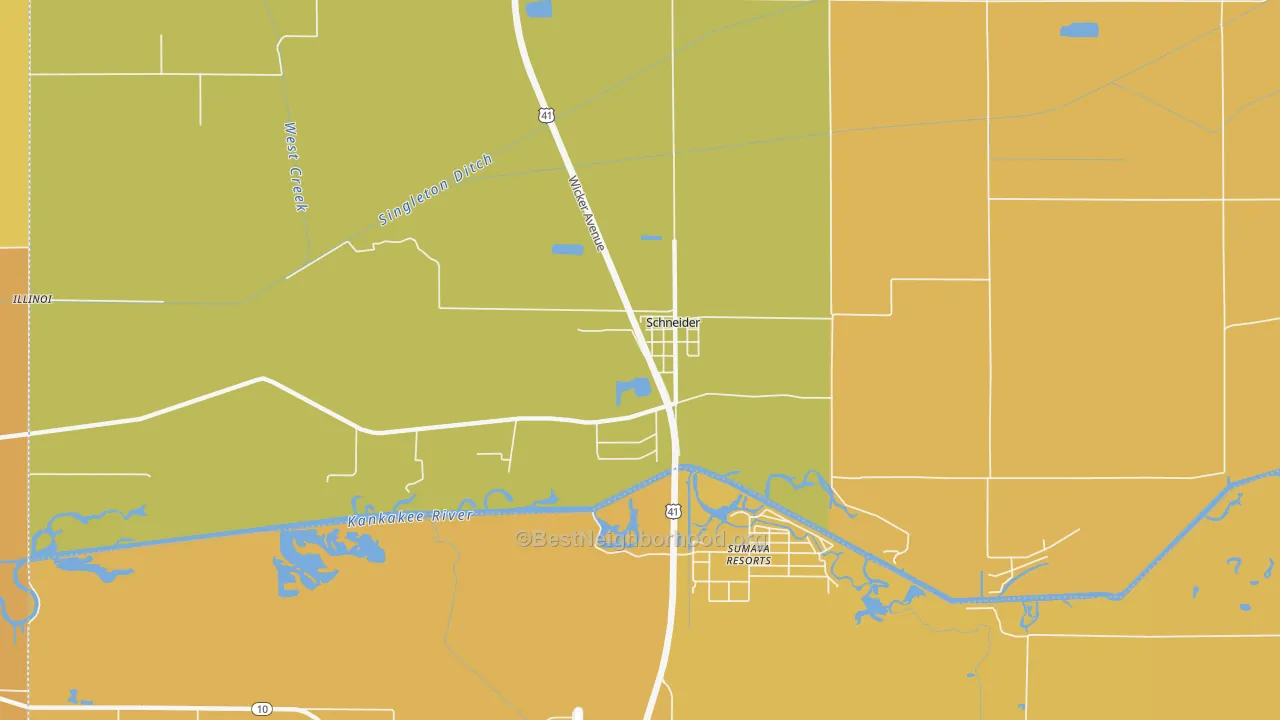 Map of the best neighborhoods in the 46376 area, with better matches in green and worse matches in red