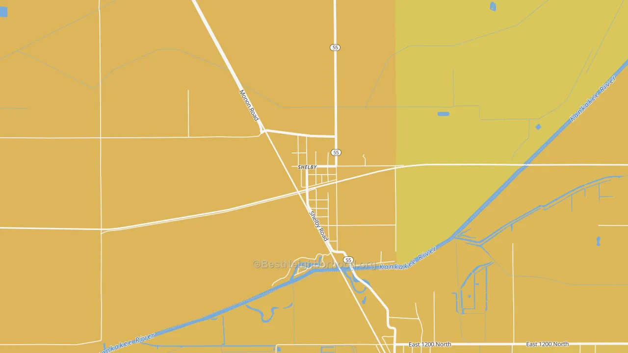 Map of the best neighborhoods in the 46377 area, with better matches in green and worse matches in red