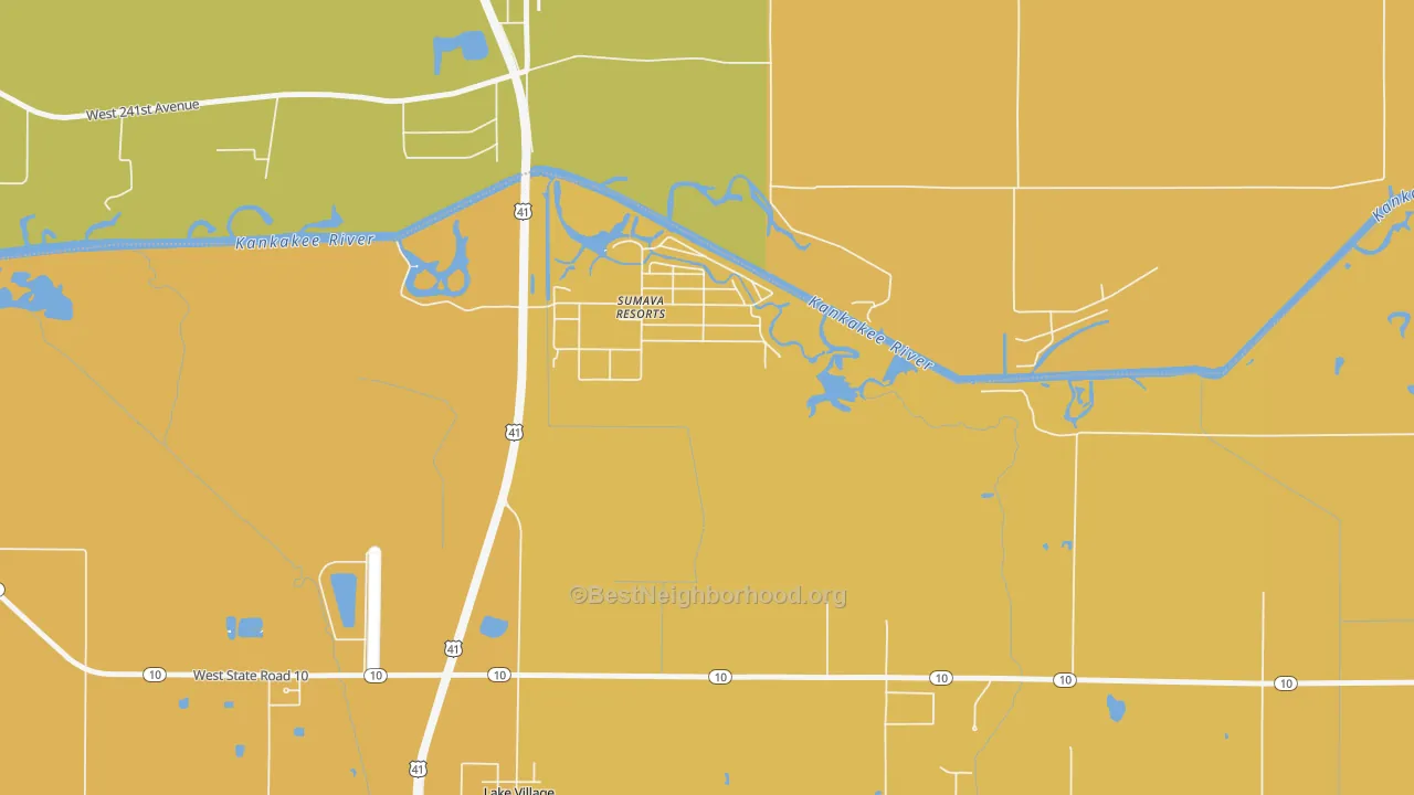 Map of the best neighborhoods in the 46379 area, with better matches in green and worse matches in red