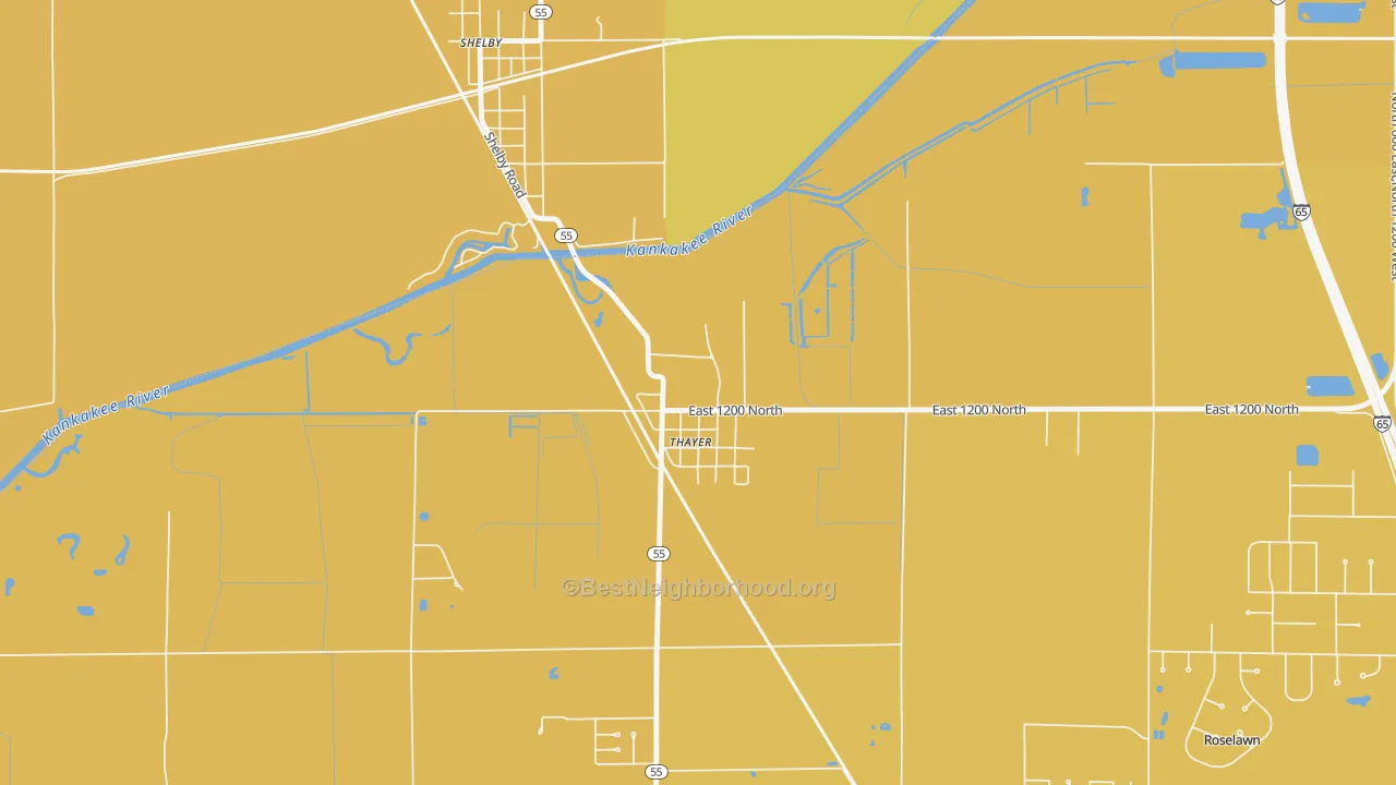 Map of the best neighborhoods in the 46381 area, with better matches in green and worse matches in red