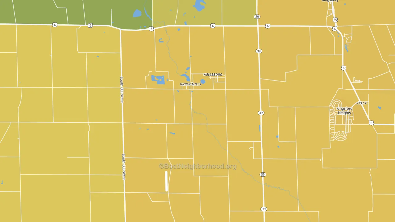 Map of the best neighborhoods in the 46382 area, with better matches in green and worse matches in red