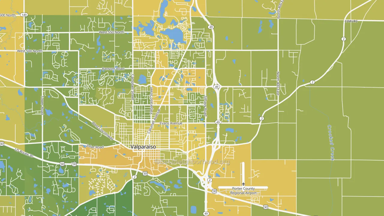 Map of the best neighborhoods in the 46383 area, with better matches in green and worse matches in red