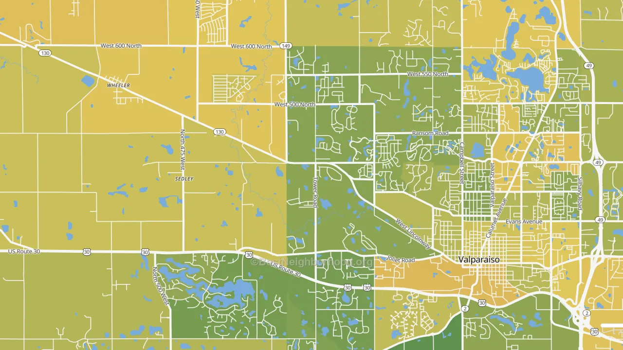 Map of the best neighborhoods in the 46385 area, with better matches in green and worse matches in red