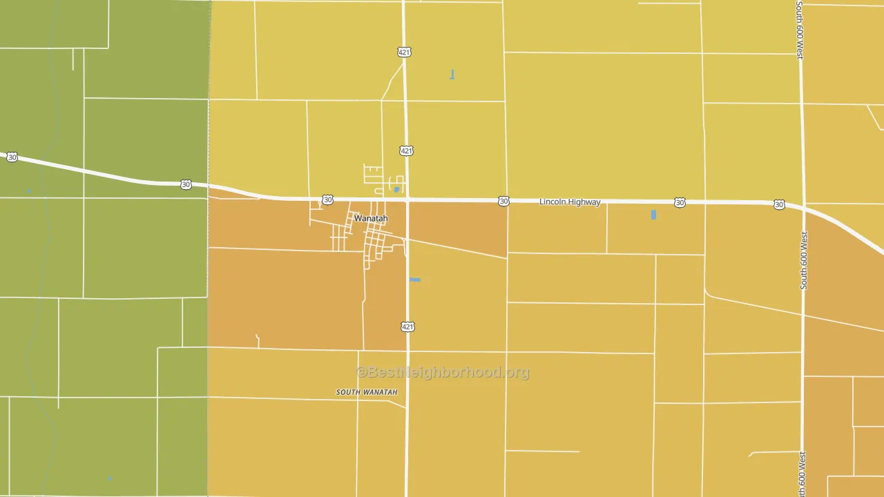 Map of the best neighborhoods in the 46390 area, with better matches in green and worse matches in red
