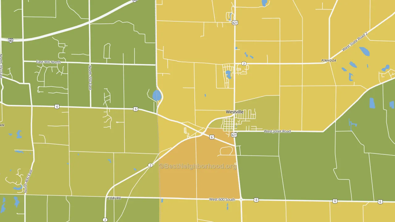 Map of the best neighborhoods in the 46391 area, with better matches in green and worse matches in red