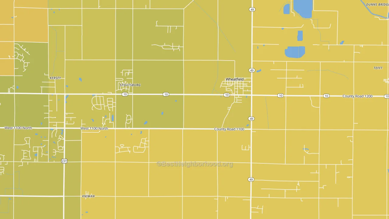 Map of the best neighborhoods in the 46392 area, with better matches in green and worse matches in red