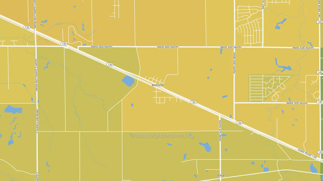 Map of the best neighborhoods in the 46393 area, with better matches in green and worse matches in red