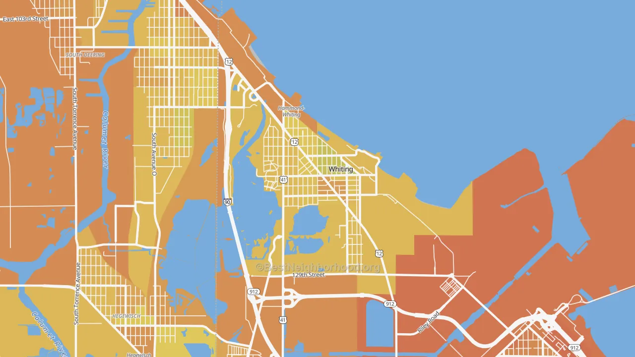 Map of the best neighborhoods in the 46394 area, with better matches in green and worse matches in red
