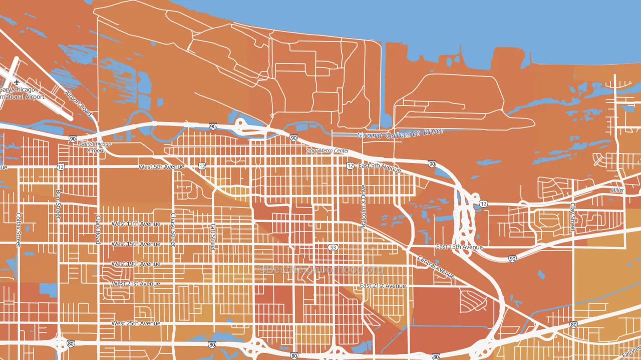 Map of the best neighborhoods in the 46402 area, with better matches in green and worse matches in red