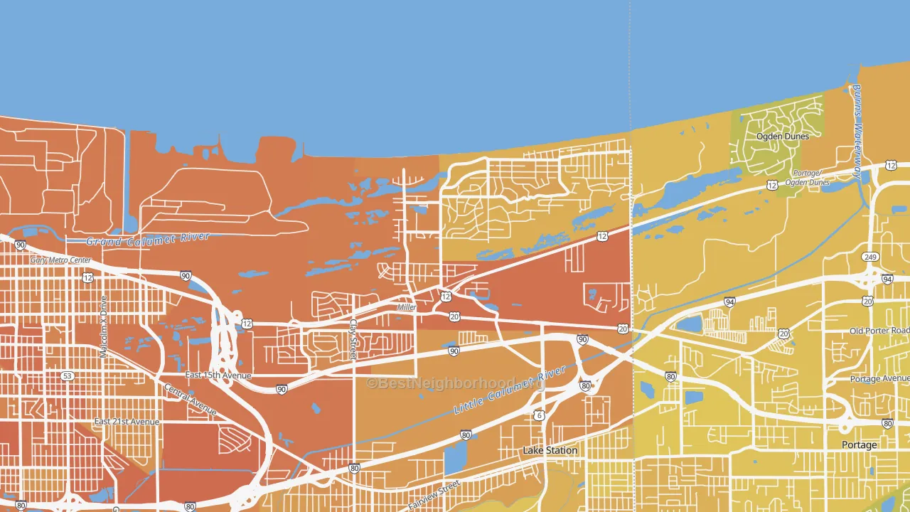 Map of the best neighborhoods in the 46403 area, with better matches in green and worse matches in red