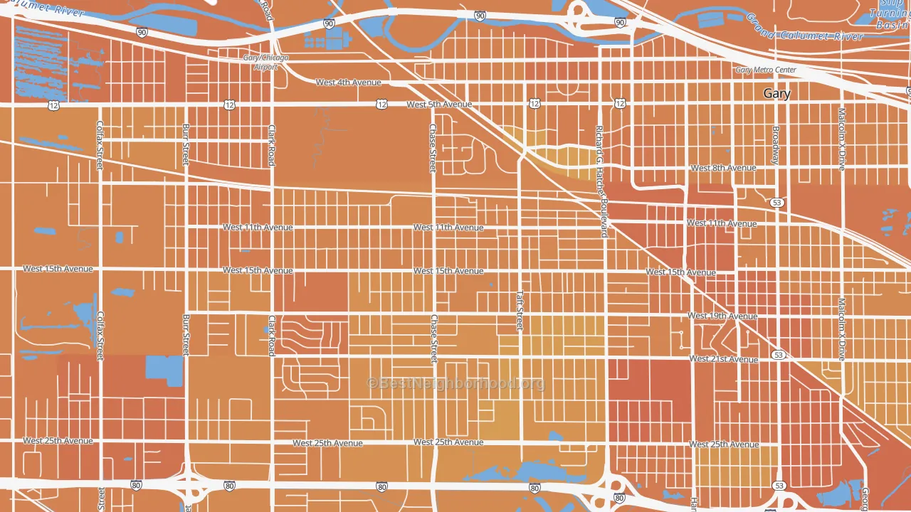 Map of the best neighborhoods in the 46404 area, with better matches in green and worse matches in red