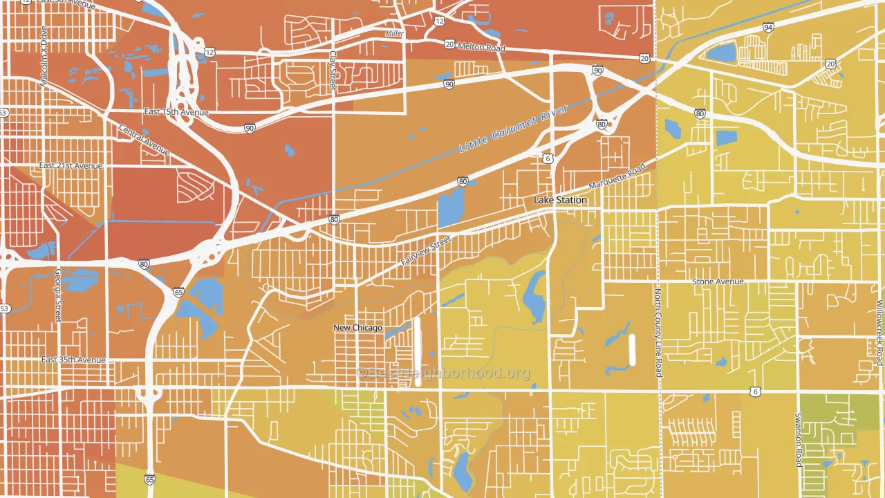 Map of the best neighborhoods in the 46405 area, with better matches in green and worse matches in red