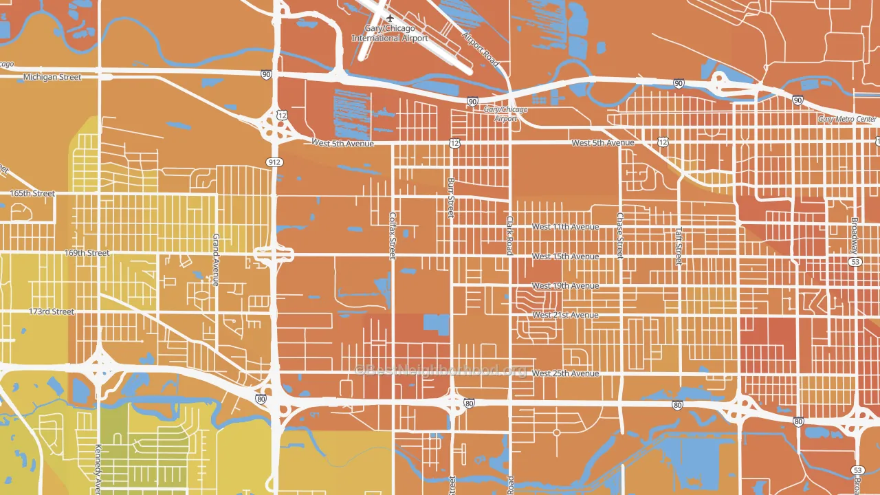 Map of the best neighborhoods in the 46406 area, with better matches in green and worse matches in red