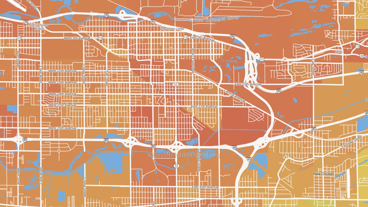 Map of the best neighborhoods in the 46407 area, with better matches in green and worse matches in red