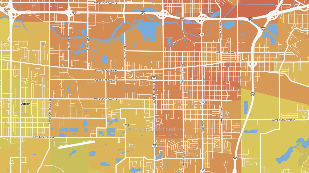 Map of the best neighborhoods in the 46408 area, with better matches in green and worse matches in red