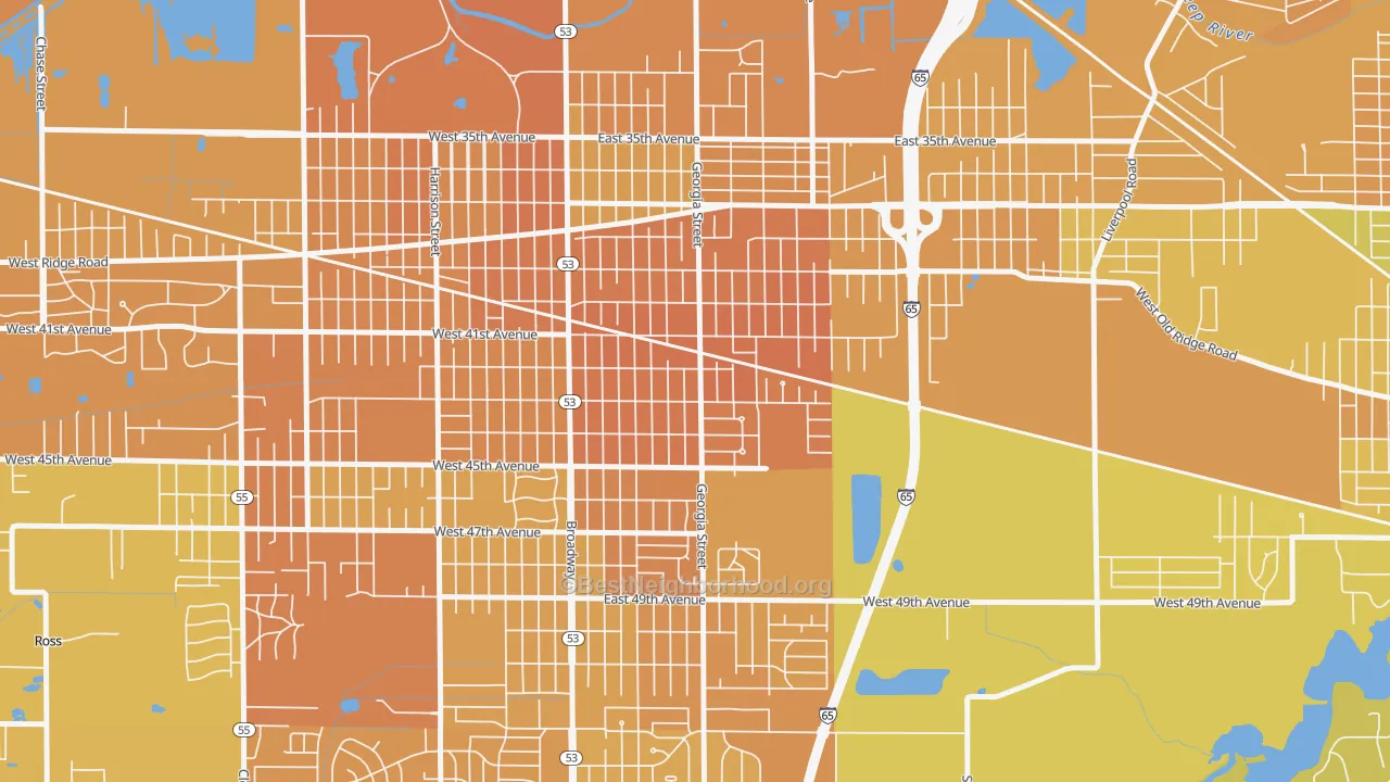 Map of the best neighborhoods in the 46409 area, with better matches in green and worse matches in red