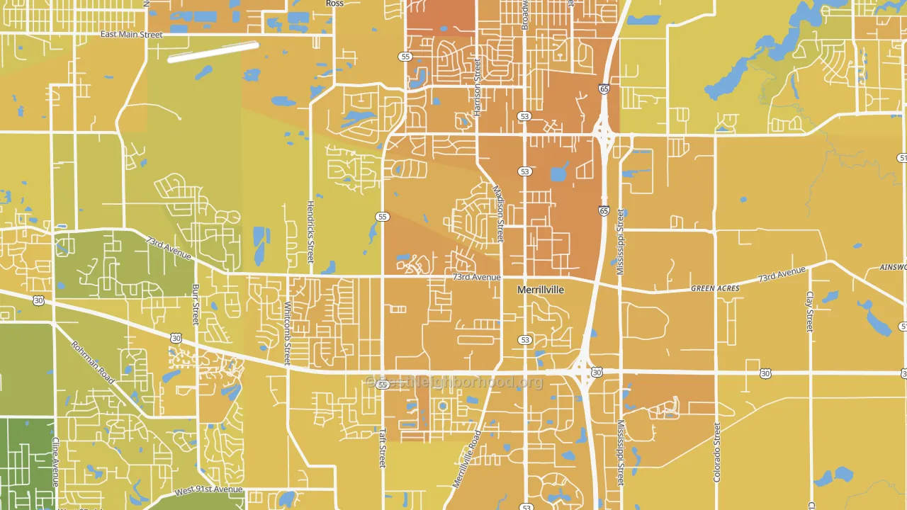Map of the best neighborhoods in the 46410 area, with better matches in green and worse matches in red