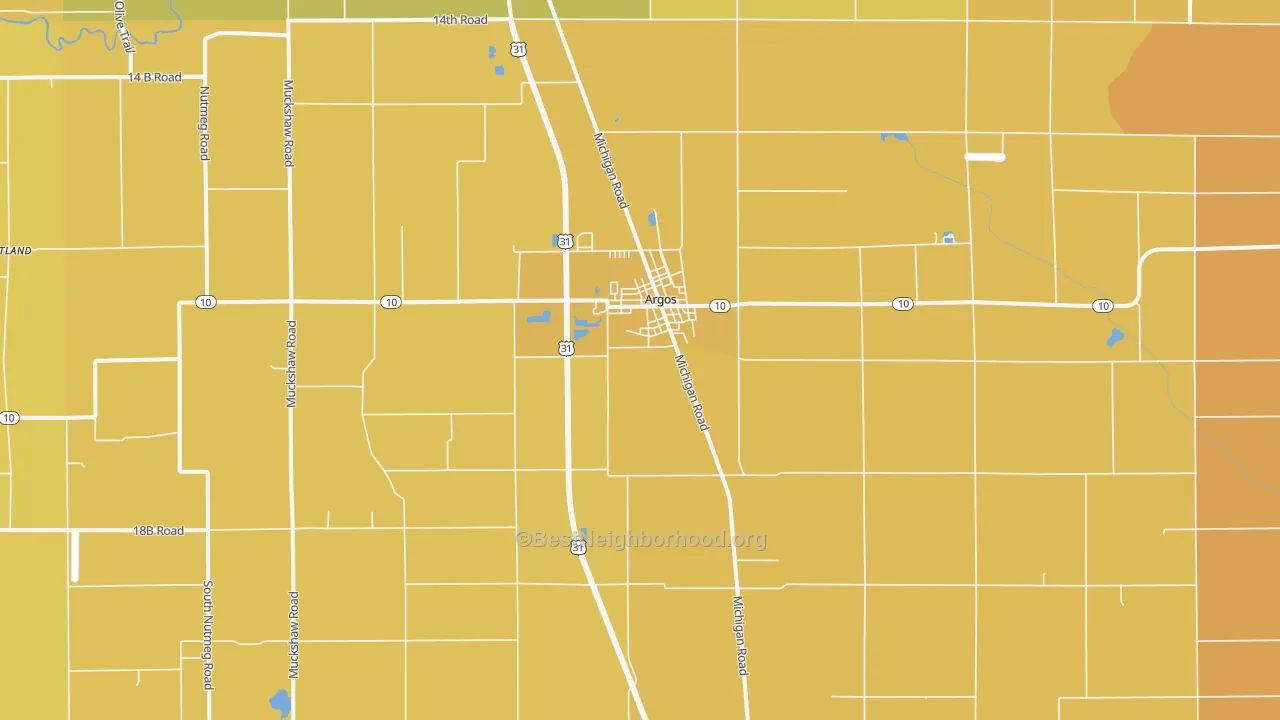 Map of the best neighborhoods in the 46501 area, with better matches in green and worse matches in red
