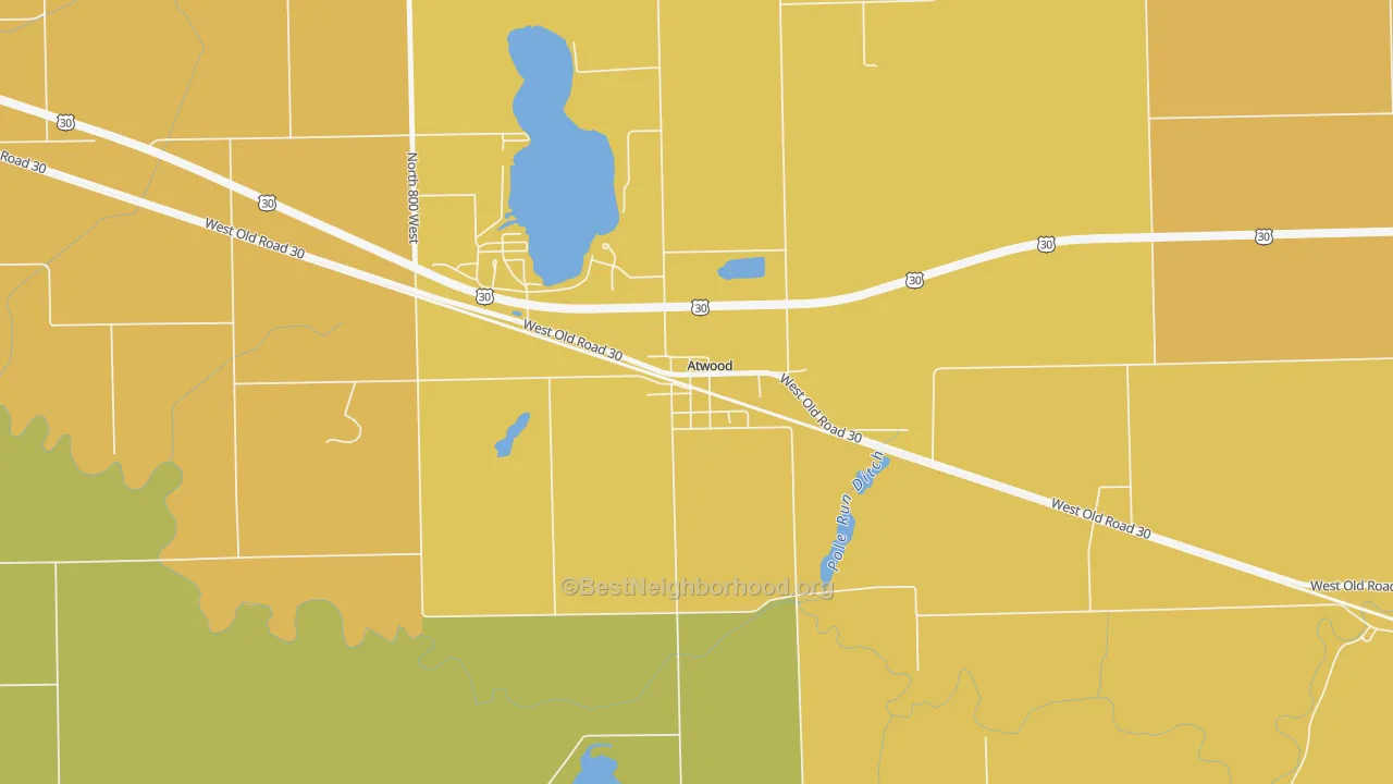 Map of the best neighborhoods in the 46502 area, with better matches in green and worse matches in red