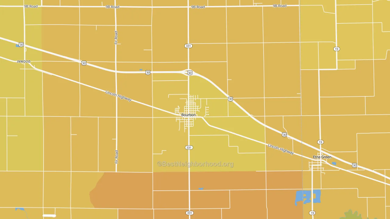 Map of the best neighborhoods in the 46504 area, with better matches in green and worse matches in red