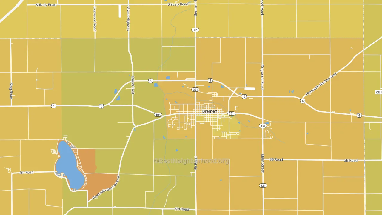 Map of the best neighborhoods in the 46506 area, with better matches in green and worse matches in red