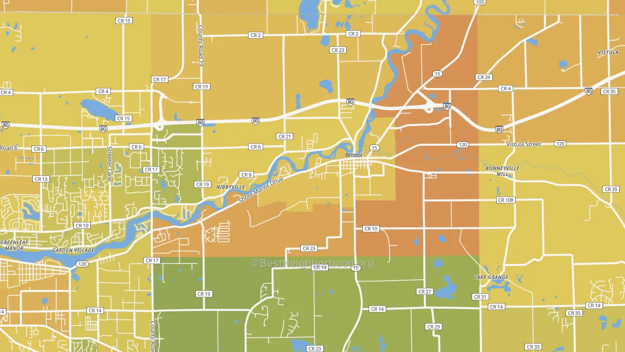 Map of the best neighborhoods in the 46507 area, with better matches in green and worse matches in red