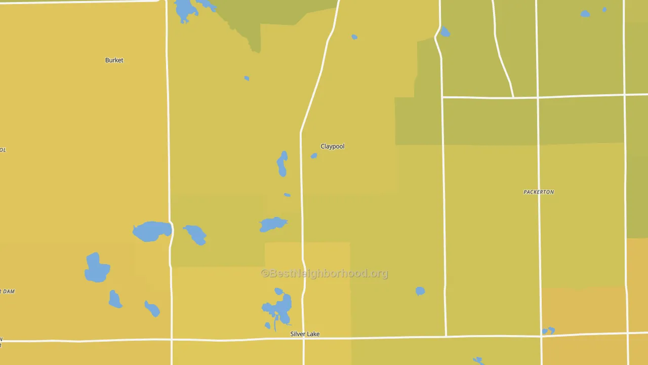Map of the best neighborhoods in the 46510 area, with better matches in green and worse matches in red