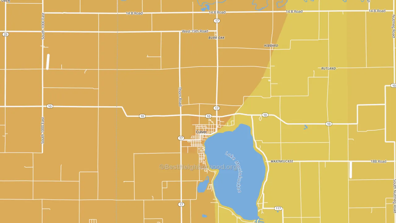 Map of the best neighborhoods in the 46511 area, with better matches in green and worse matches in red