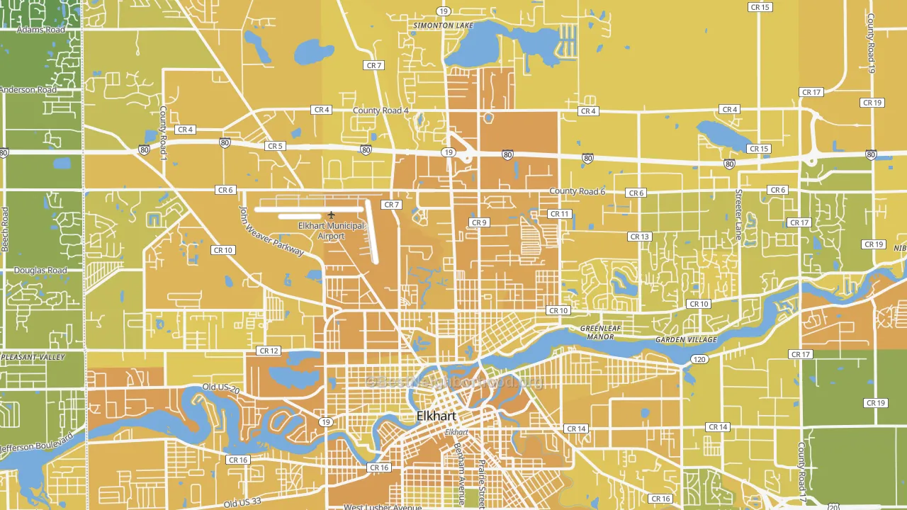 Map of the best neighborhoods in the 46514 area, with better matches in green and worse matches in red