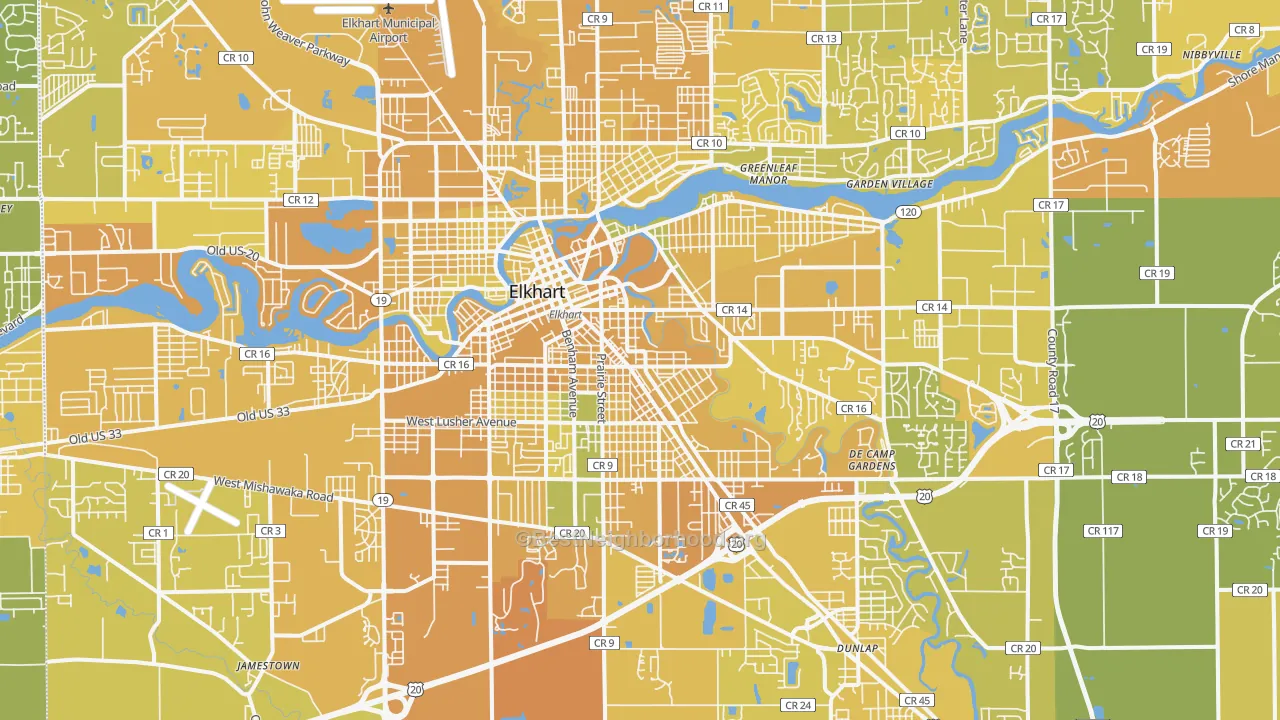 Map of the best neighborhoods in the 46516 area, with better matches in green and worse matches in red
