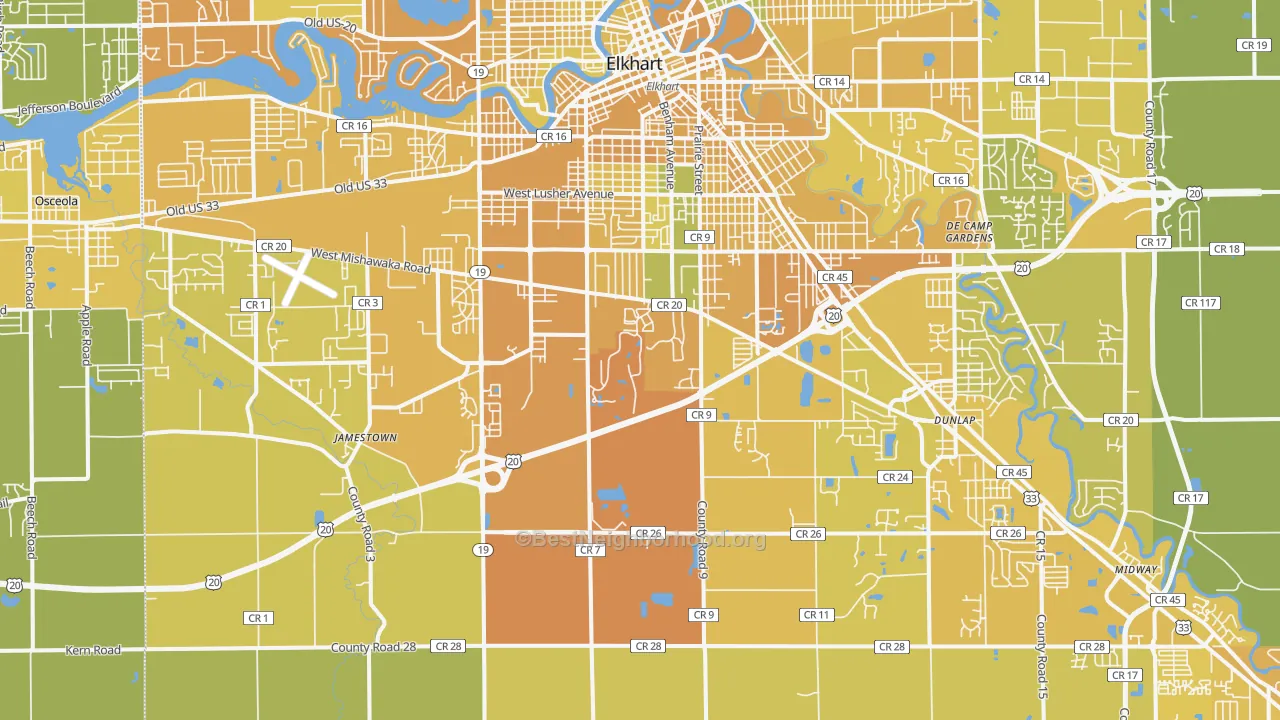Map of the best neighborhoods in the 46517 area, with better matches in green and worse matches in red