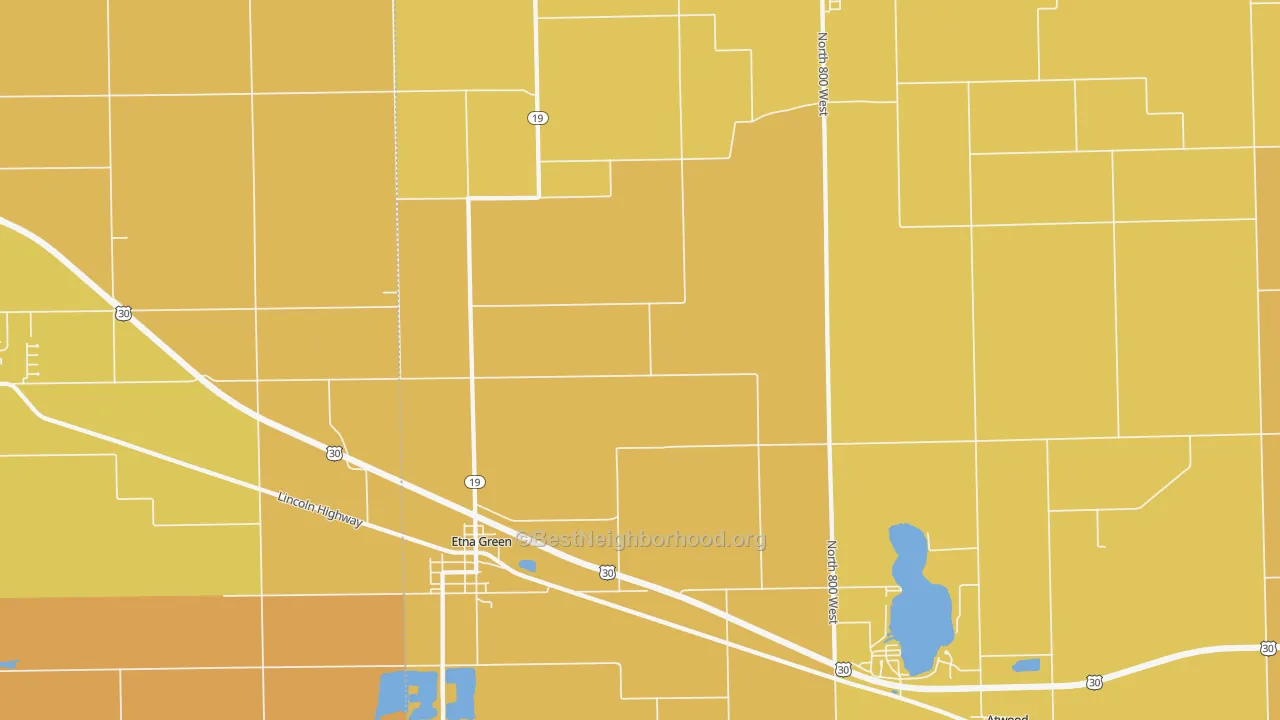 Map of the best neighborhoods in the 46524 area, with better matches in green and worse matches in red