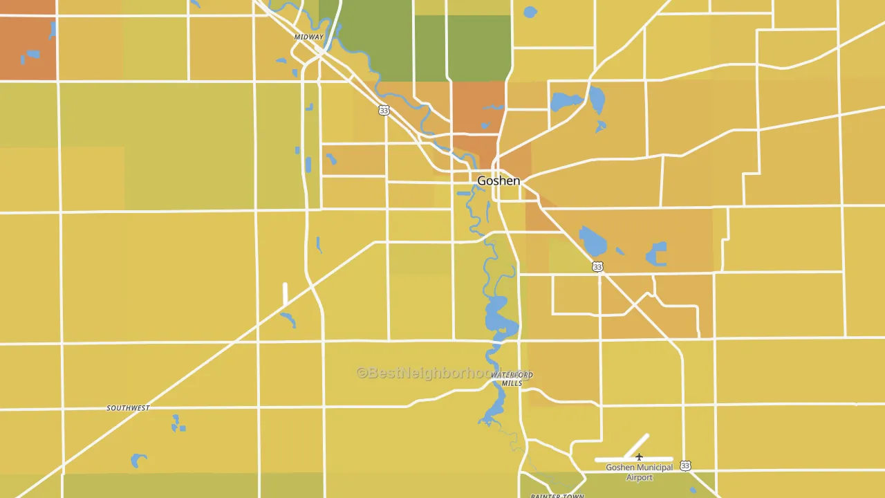 Map of the best neighborhoods in the 46526 area, with better matches in green and worse matches in red