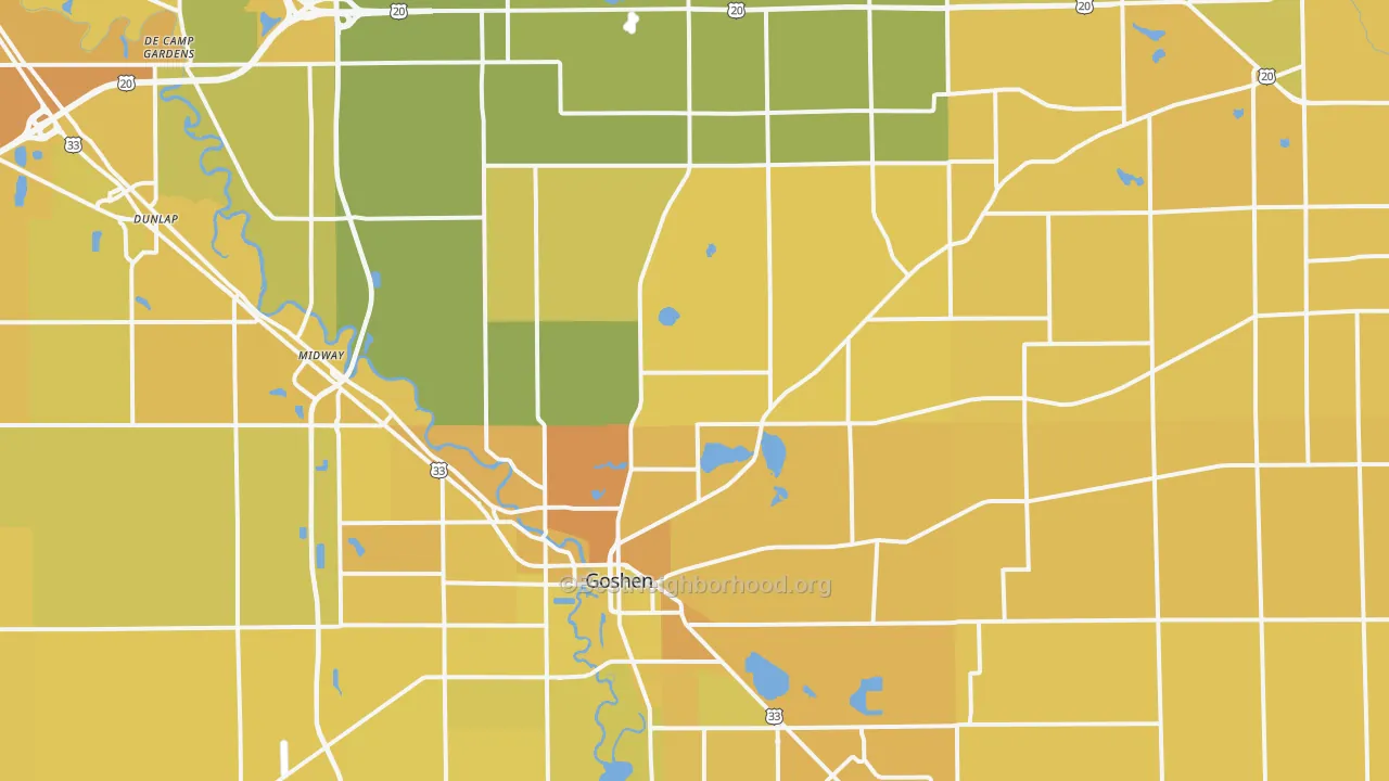Map of the best neighborhoods in the 46528 area, with better matches in green and worse matches in red