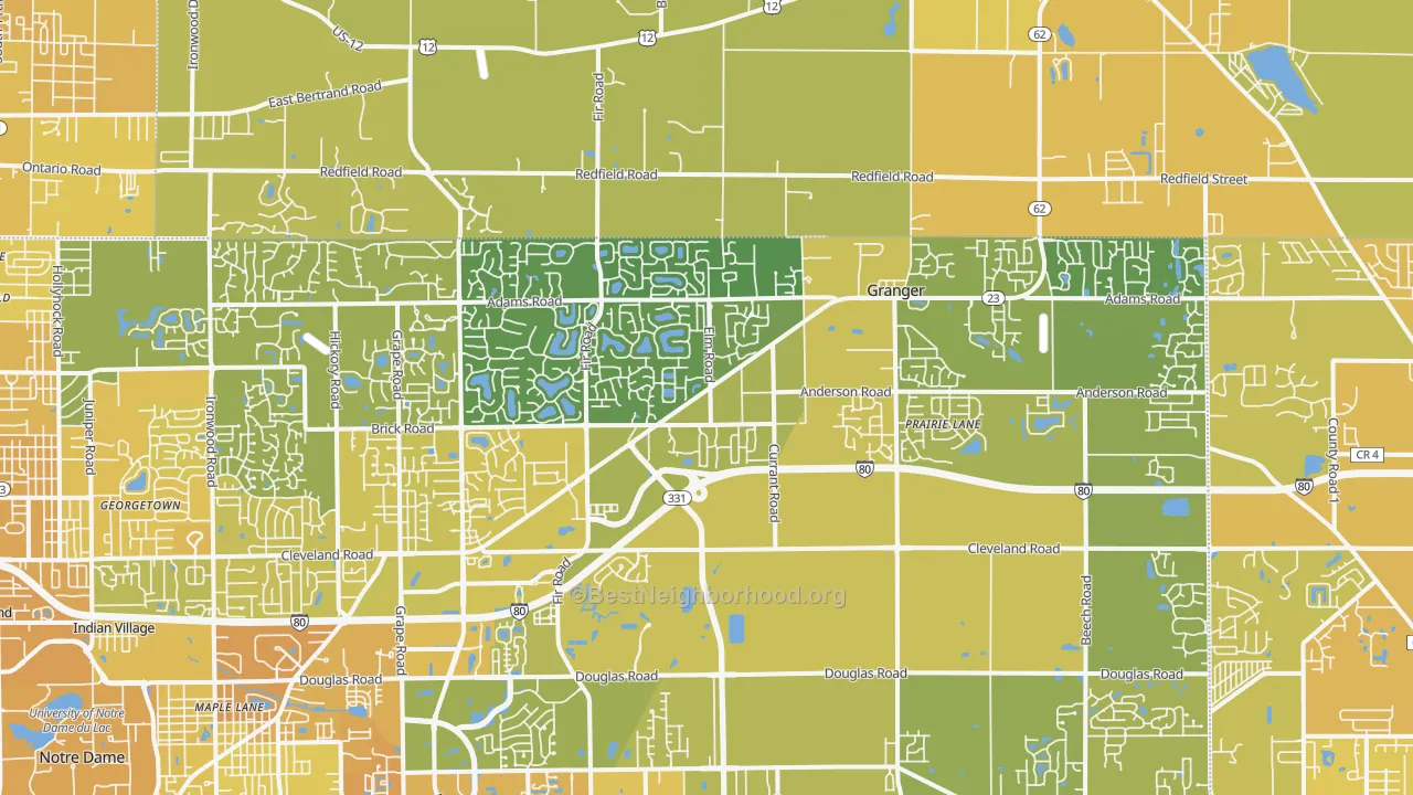 Map of the best neighborhoods in the 46530 area, with better matches in green and worse matches in red