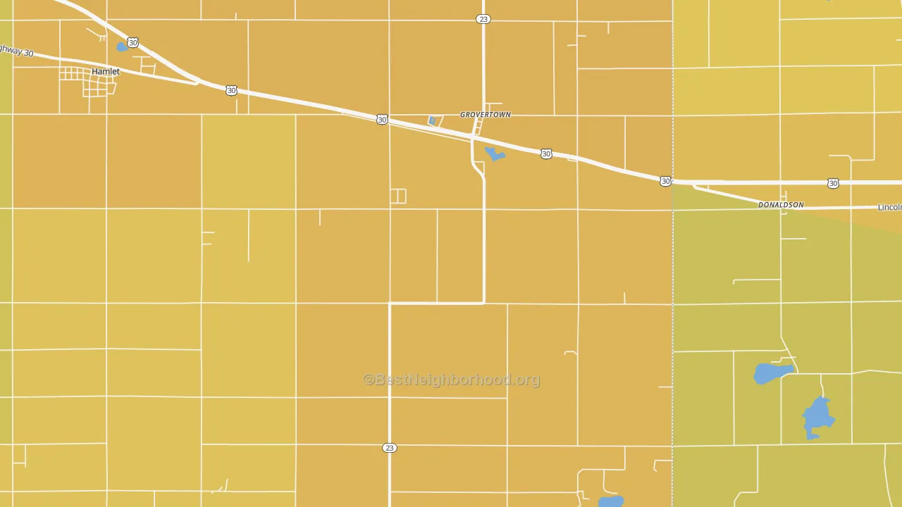 Map of the best neighborhoods in the 46531 area, with better matches in green and worse matches in red