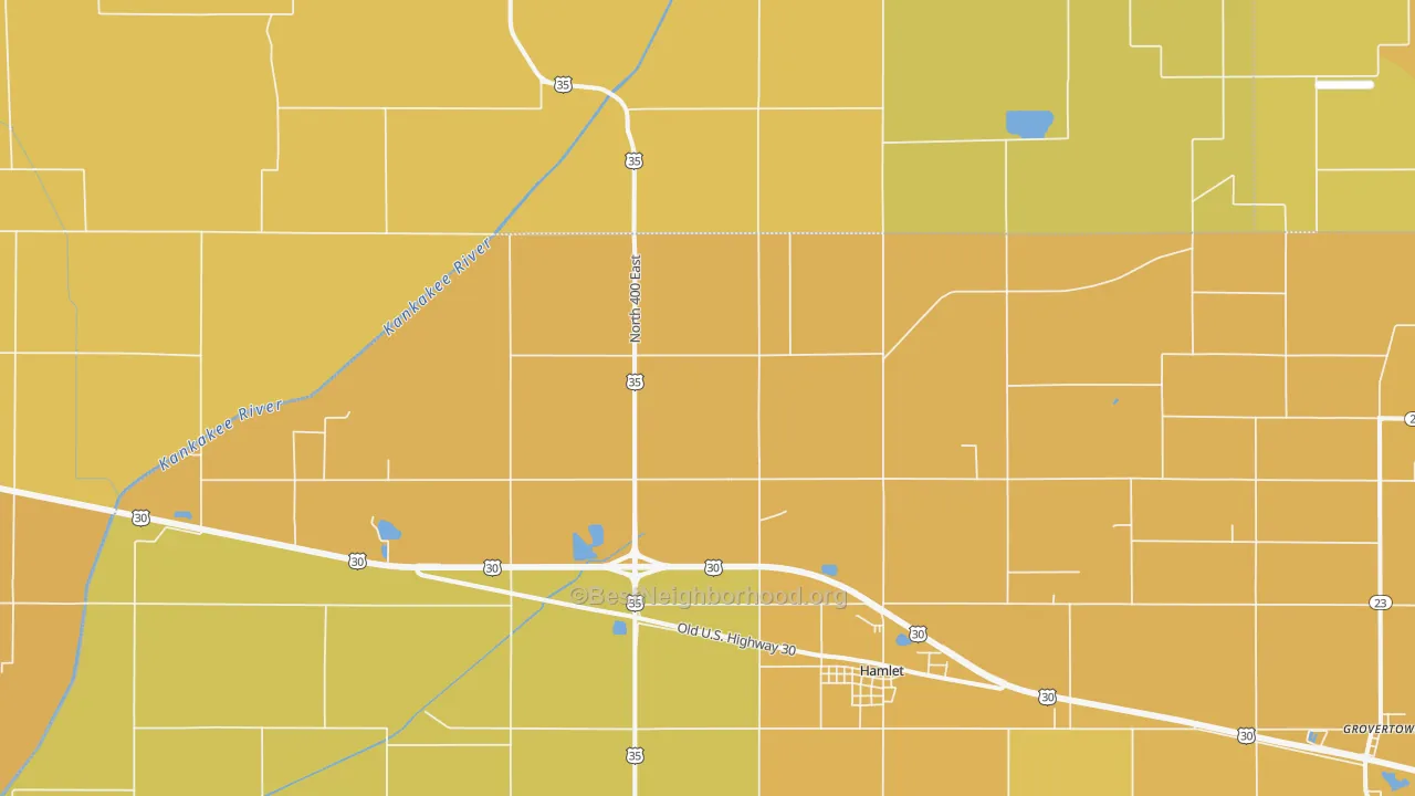Map of the best neighborhoods in the 46532 area, with better matches in green and worse matches in red