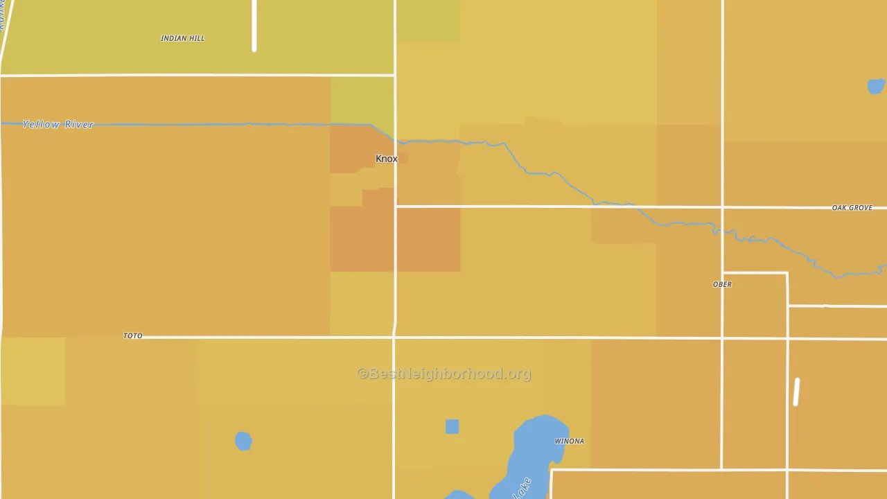 Map of the best neighborhoods in the 46534 area, with better matches in green and worse matches in red