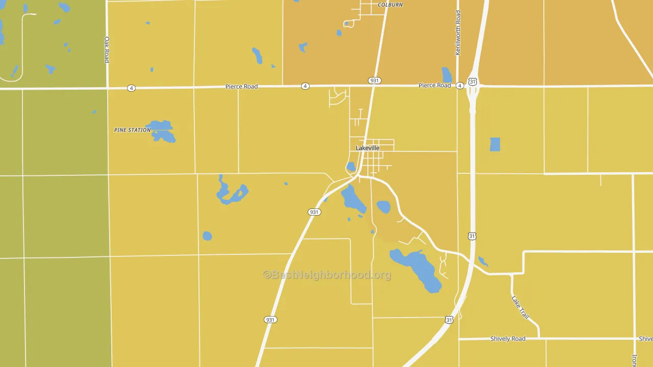 Map of the best neighborhoods in the 46536 area, with better matches in green and worse matches in red