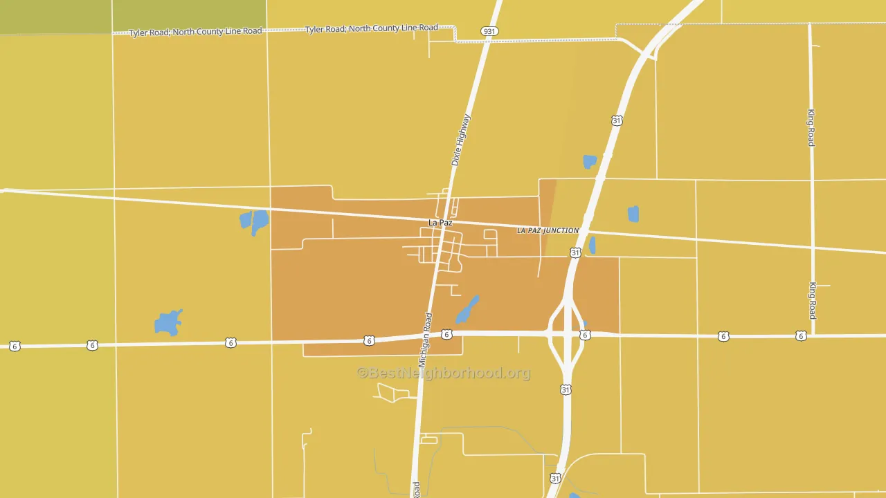Map of the best neighborhoods in the 46537 area, with better matches in green and worse matches in red