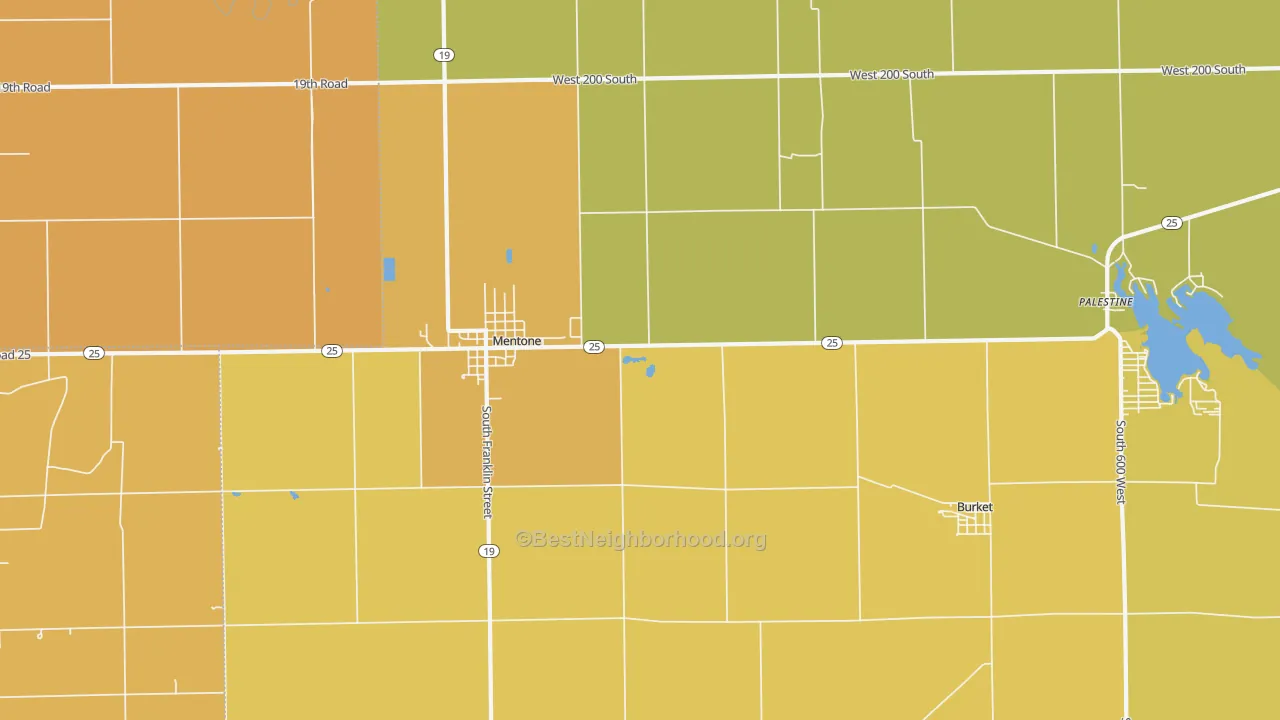 Map of the best neighborhoods in the 46539 area, with better matches in green and worse matches in red
