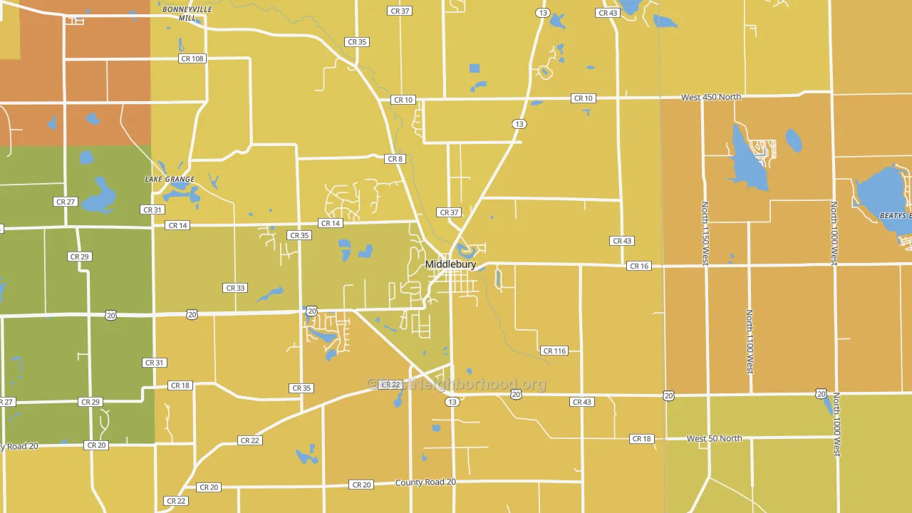 Map of the best neighborhoods in the 46540 area, with better matches in green and worse matches in red