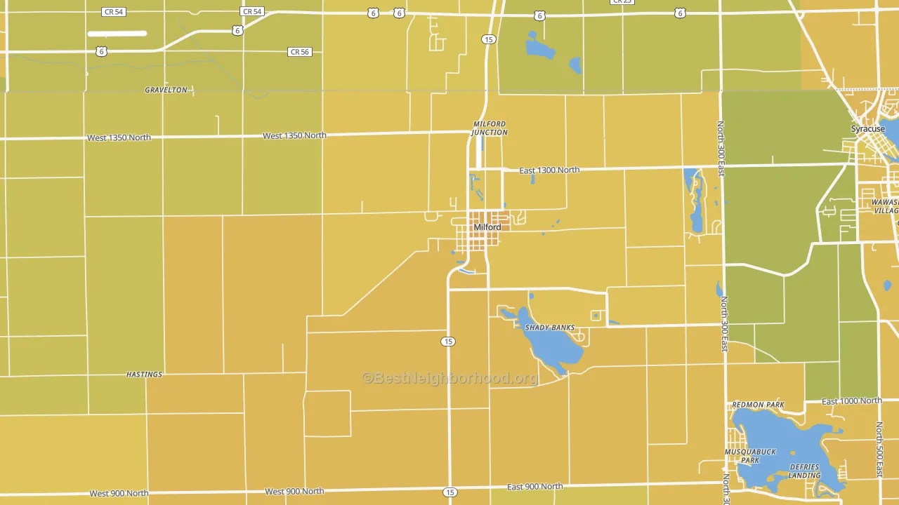 Map of the best neighborhoods in the 46542 area, with better matches in green and worse matches in red