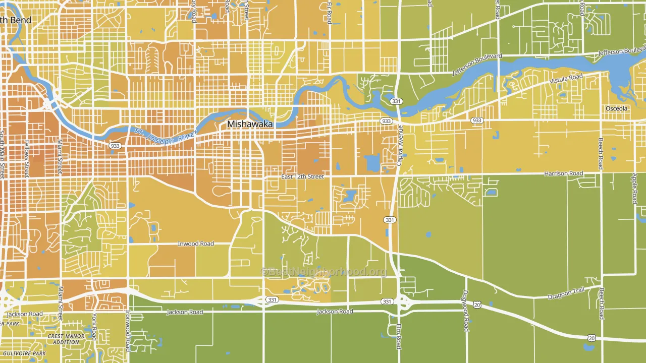Map of the best neighborhoods in the 46544 area, with better matches in green and worse matches in red