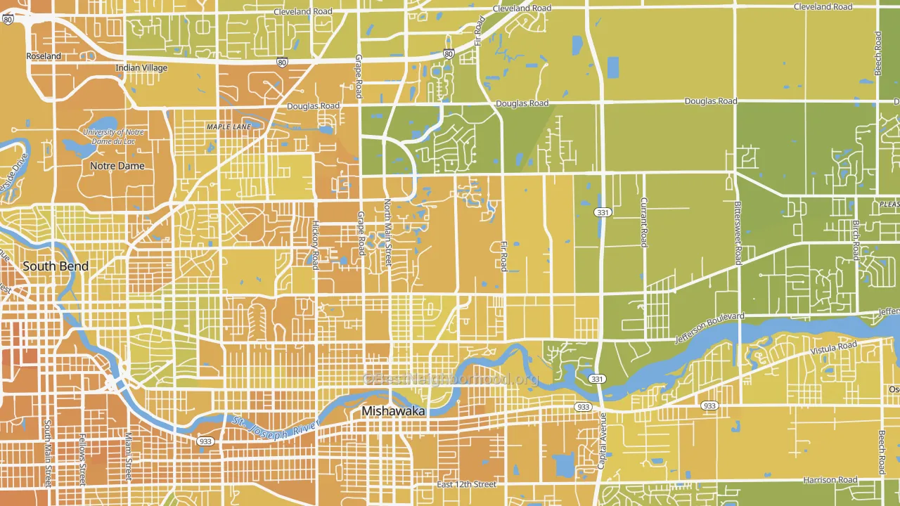 Map of the best neighborhoods in the 46545 area, with better matches in green and worse matches in red