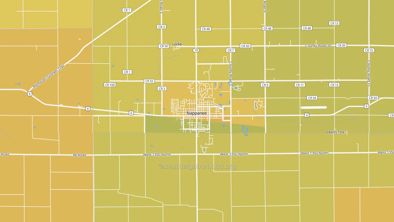 Map of the best neighborhoods in the 46550 area, with better matches in green and worse matches in red
