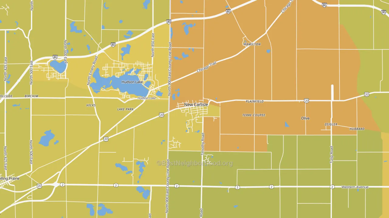 Map of the best neighborhoods in the 46552 area, with better matches in green and worse matches in red